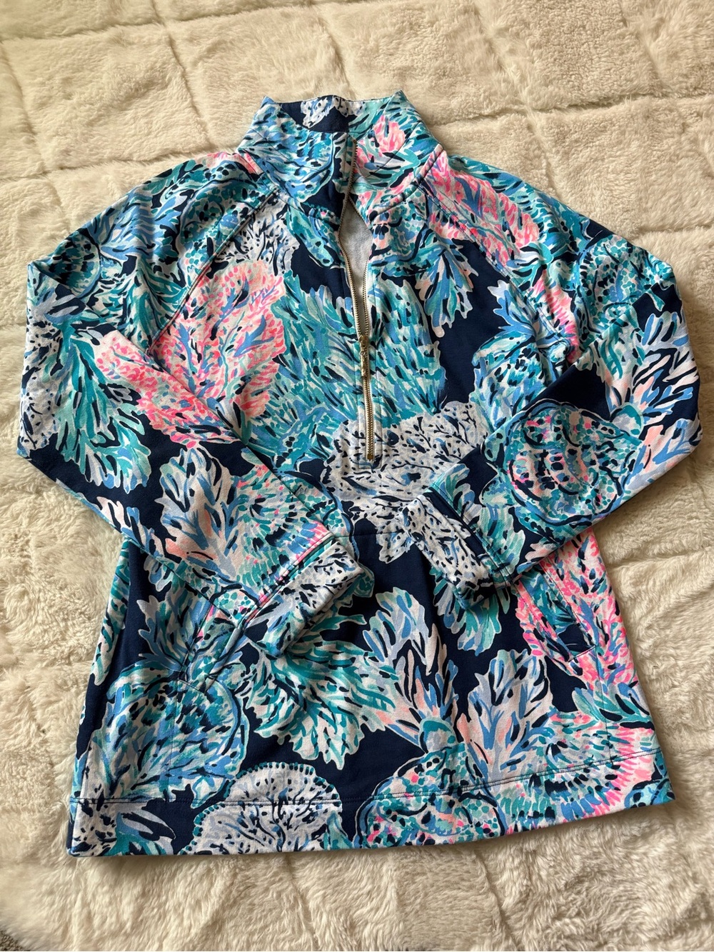 Lilly Pulitzer Navy Floral Quarter-Zip Pullover - Pink, Teal, White